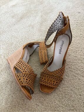 Jeffrey Campbell Tan Laser-Cut Ankle-Strap Wedge Sandals